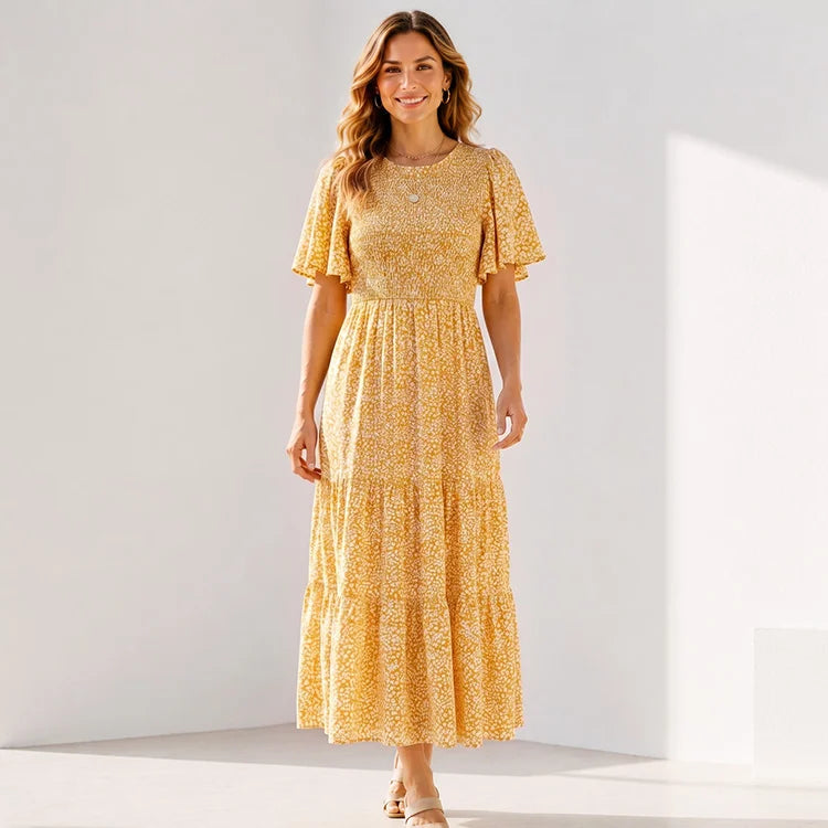 Ultra-Stretch Floral Flutter Sleeve Maxi Dress | S–5XL