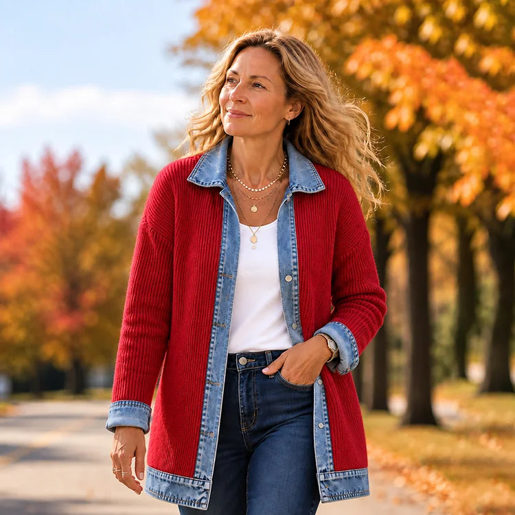 Denim-Trim Knit Cardigan Jacket