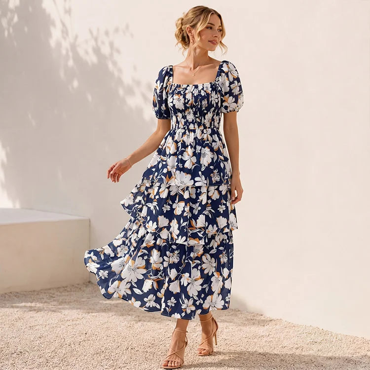 Floral Square Neck Chiffon Maxi Dress