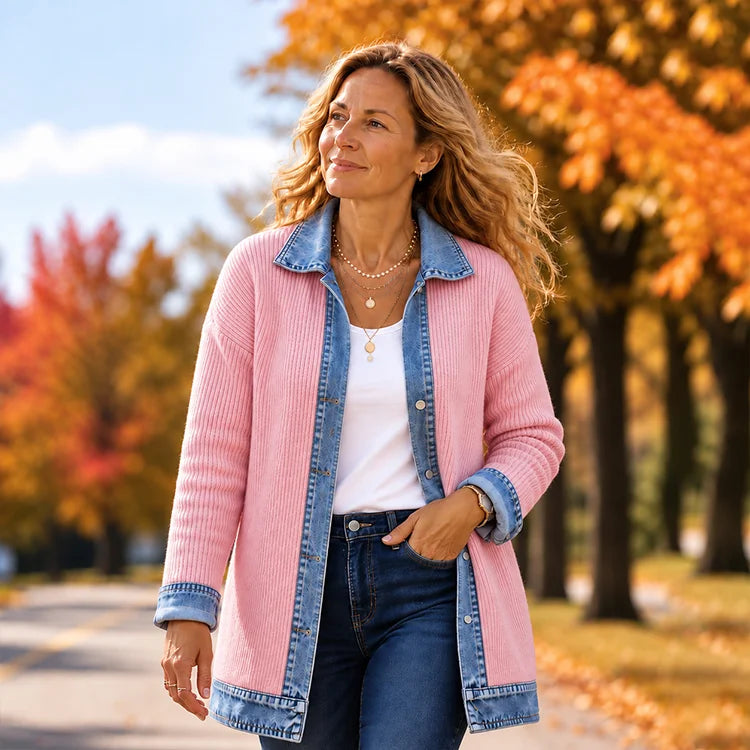 Denim-Trim Knit Cardigan Jacket