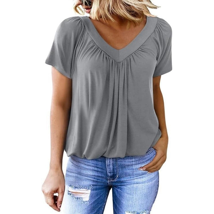 Pleated V-Neck Short Sleeve Top