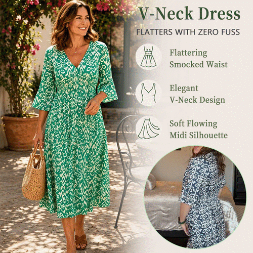 Breezy V-Neck Shirred Waist Midi Dress