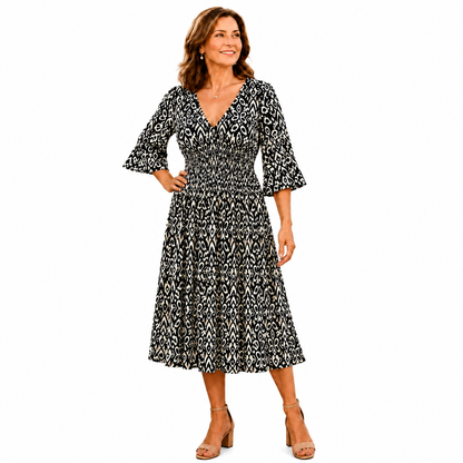 Breezy V-Neck Shirred Waist Midi Dress