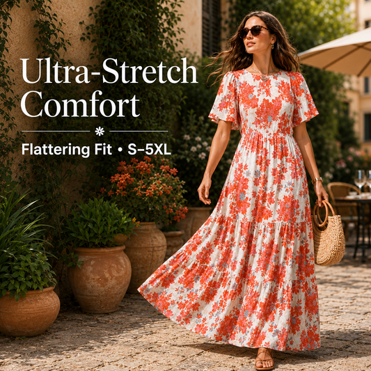 Ultra-Stretch Floral Flutter Sleeve Maxi Dress | S–5XL