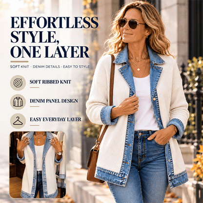 Denim-Trim Knit Cardigan Jacket