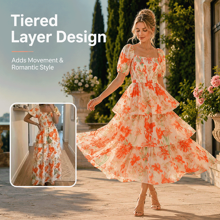 Floral Square Neck Chiffon Maxi Dress