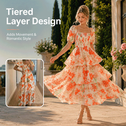 Floral Square Neck Chiffon Maxi Dress