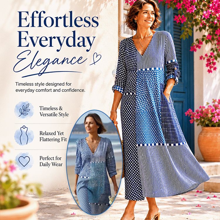 Retro V-Neck Linen-Blend Maxi Dress with Pockets