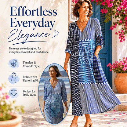 Retro V-Neck Linen-Blend Maxi Dress with Pockets