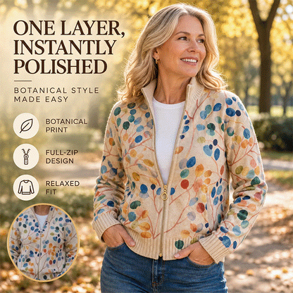 Women's Botanical Floral Zip-Up Cardigan – Soft Knit Stand-Collar Layer