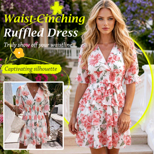 Waist-Cinching Floral Ruffled Dress