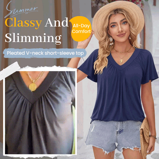 Pleated V-Neck Short Sleeve Top