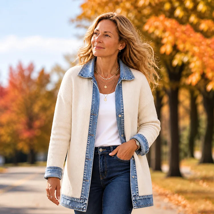 Denim-Trim Knit Cardigan Jacket