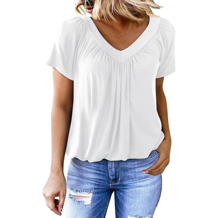 Pleated V-Neck Short Sleeve Top