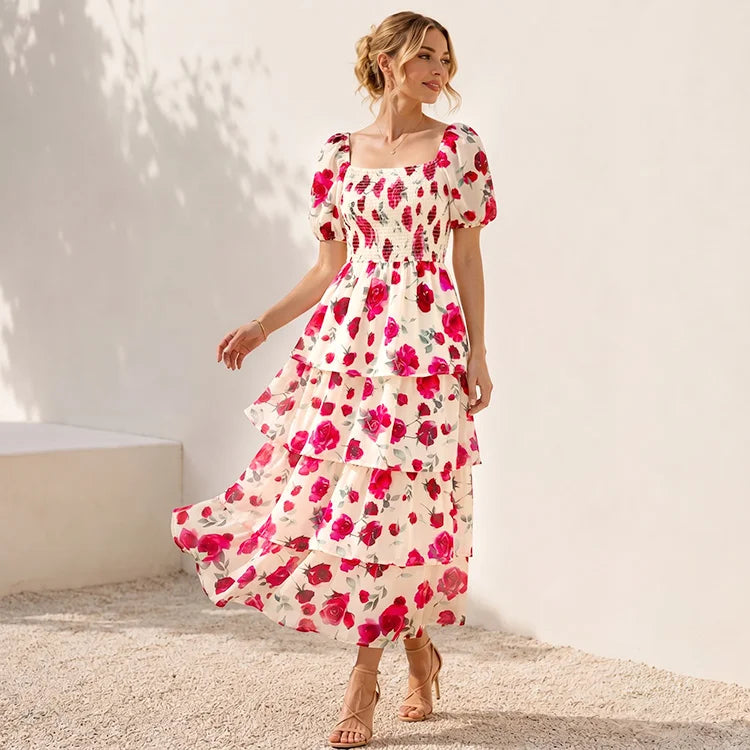 Floral Square Neck Chiffon Maxi Dress