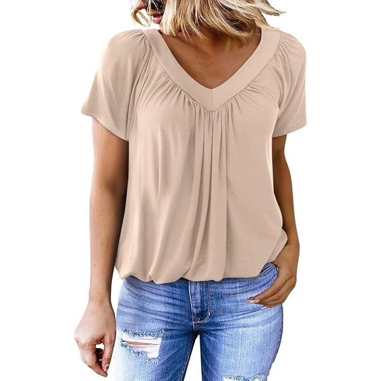 Pleated V-Neck Short Sleeve Top