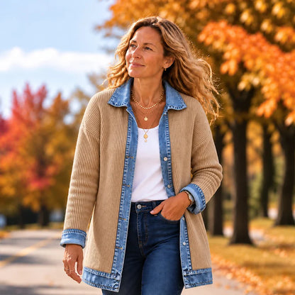 Denim-Trim Knit Cardigan Jacket