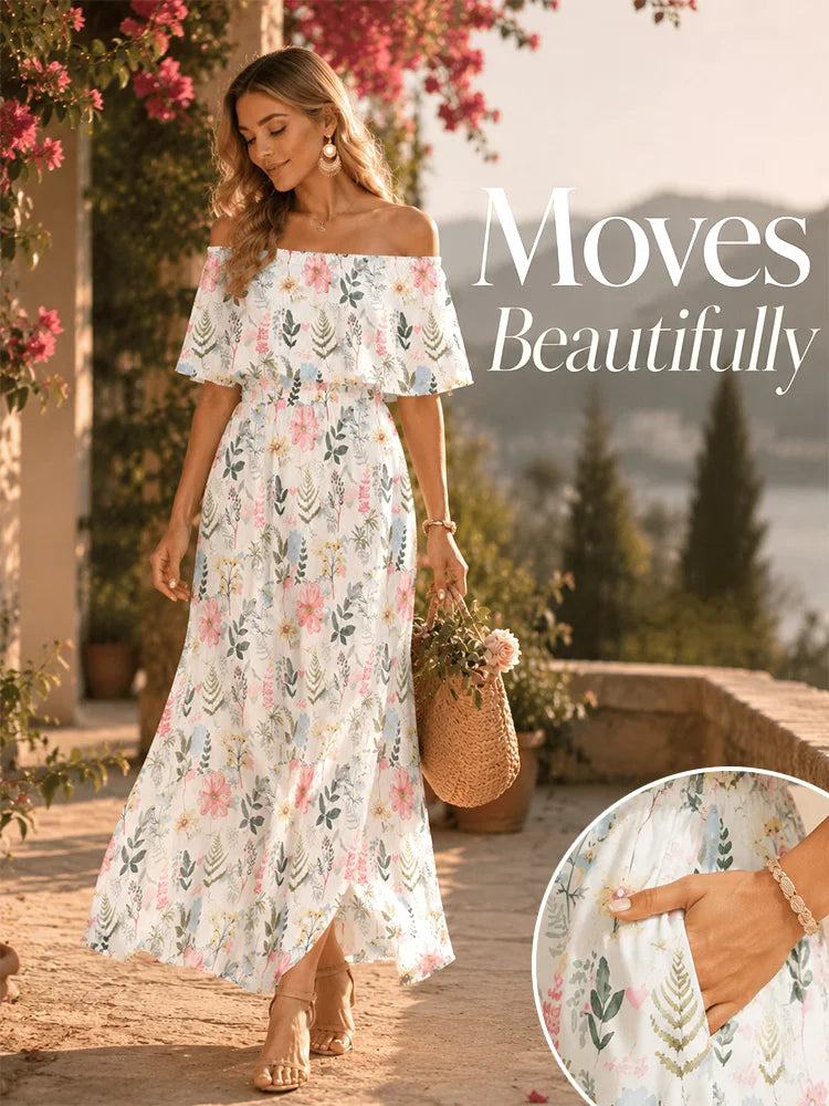 2-Way Off-Shoulder Floral Maxi Dress – Flowy Summer Vacation Dress