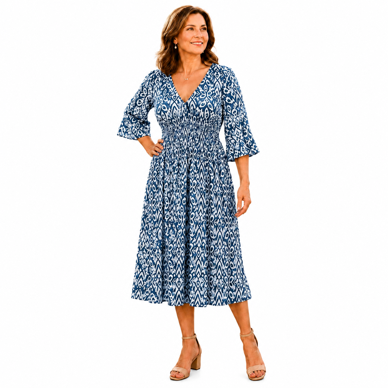 Breezy V-Neck Shirred Waist Midi Dress