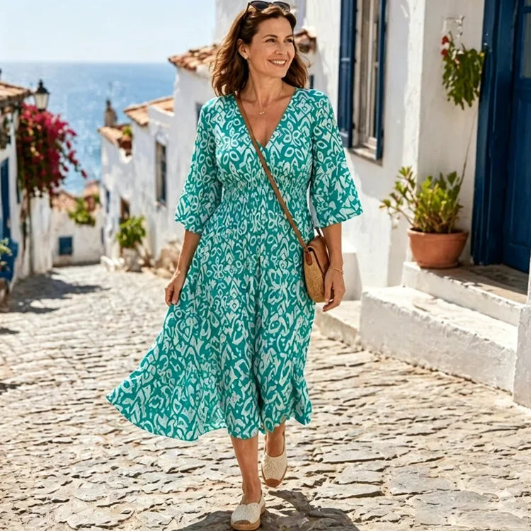 Breezy V-Neck Shirred Waist Midi Dress