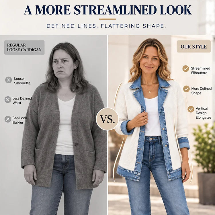 Denim-Trim Knit Cardigan Jacket