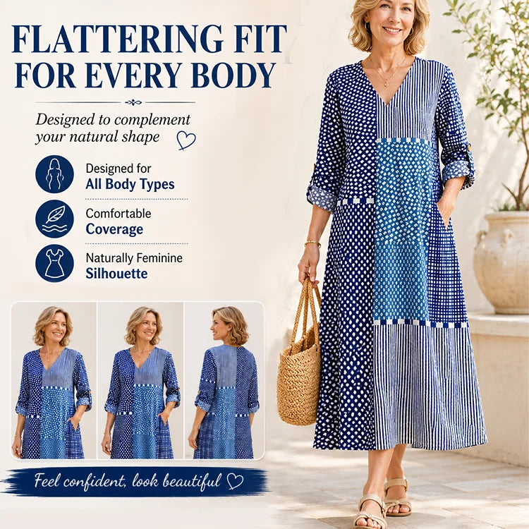 Retro V-Neck Linen-Blend Maxi Dress with Pockets