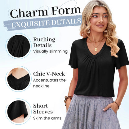 Pleated V-Neck Short Sleeve Top