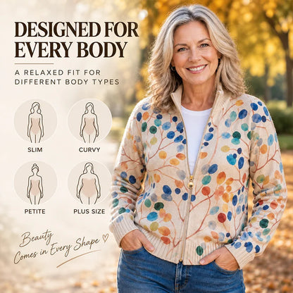 Women's Botanical Floral Zip-Up Cardigan – Soft Knit Stand-Collar Layer