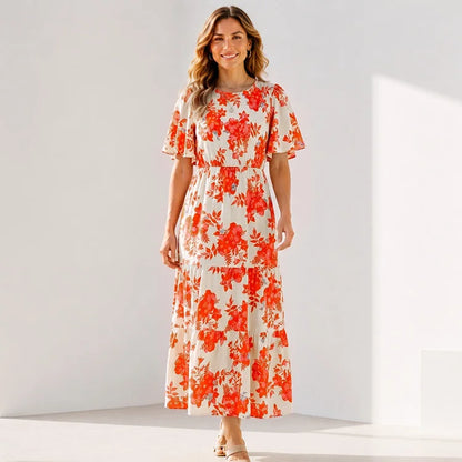 Ultra-Stretch Floral Flutter Sleeve Maxi Dress | S–5XL
