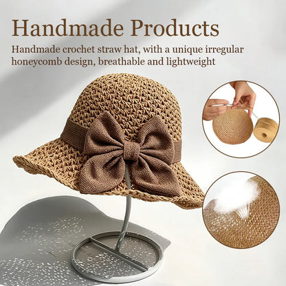 Breathable Handmade Straw Hat with Bow
