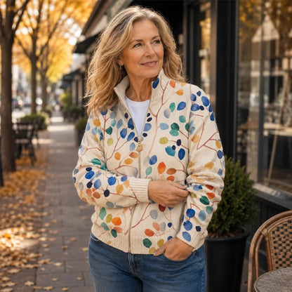 Women's Botanical Floral Zip-Up Cardigan – Soft Knit Stand-Collar Layer