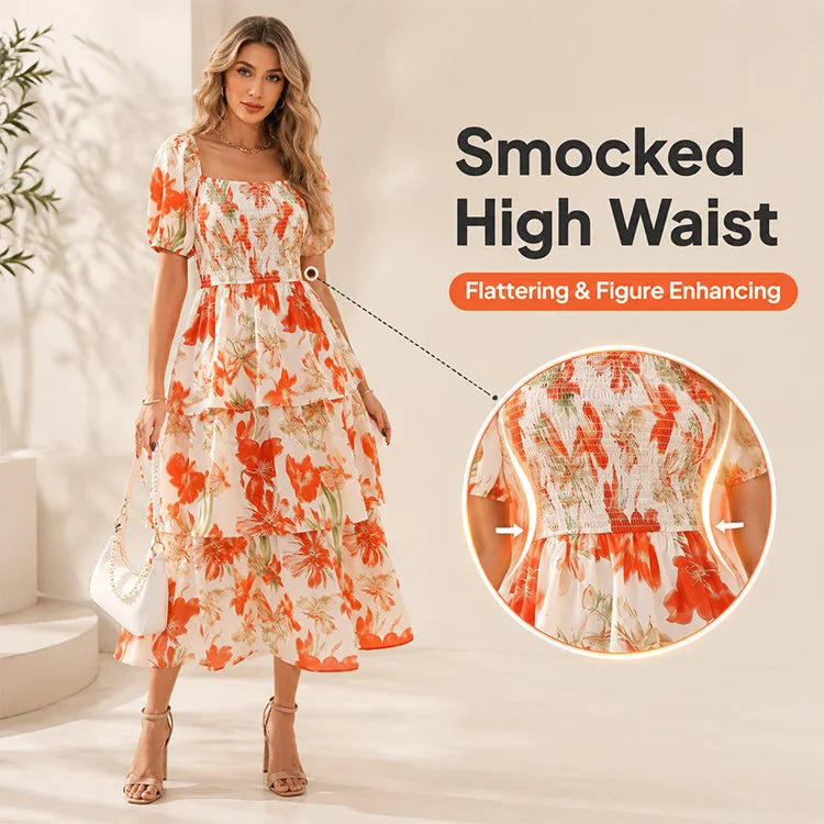 Floral Square Neck Chiffon Maxi Dress