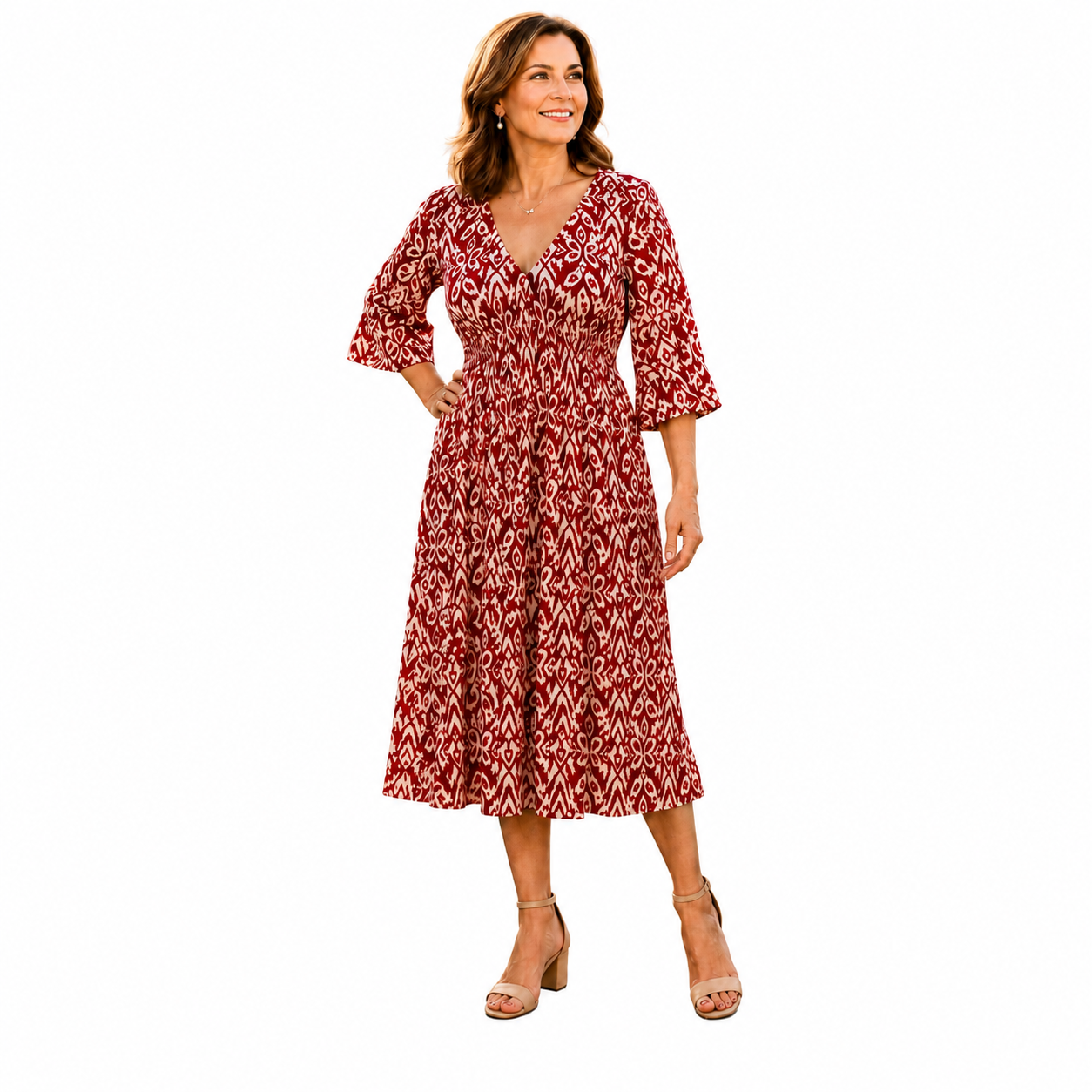 Breezy V-Neck Shirred Waist Midi Dress