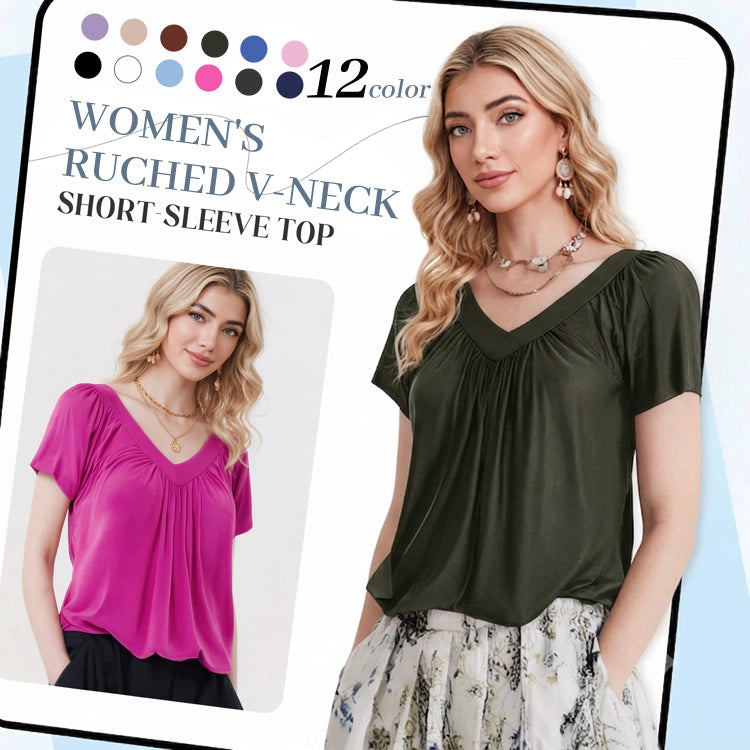 Pleated V-Neck Short Sleeve Top