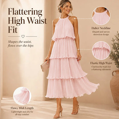 Flattering Halter Tiered Midi Dress