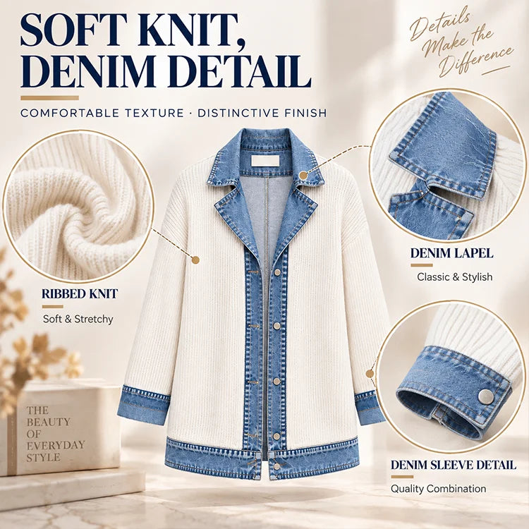 Denim-Trim Knit Cardigan Jacket