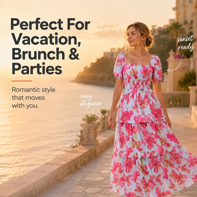 Floral Square Neck Chiffon Maxi Dress