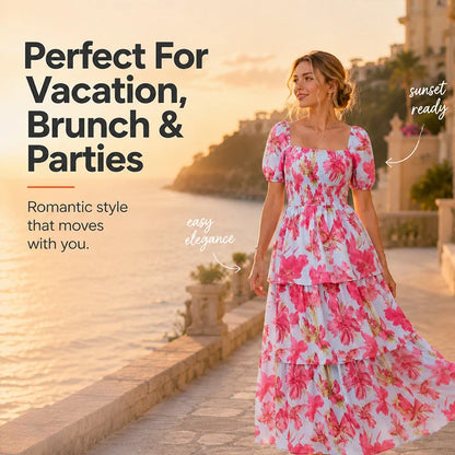 Floral Square Neck Chiffon Maxi Dress