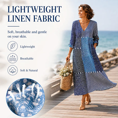 Retro V-Neck Linen-Blend Maxi Dress with Pockets