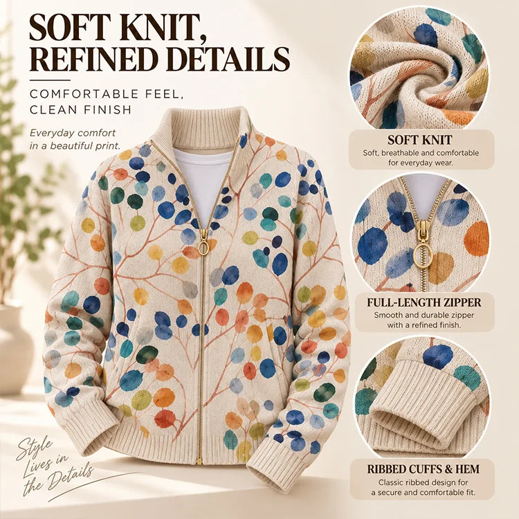 Women's Botanical Floral Zip-Up Cardigan – Soft Knit Stand-Collar Layer
