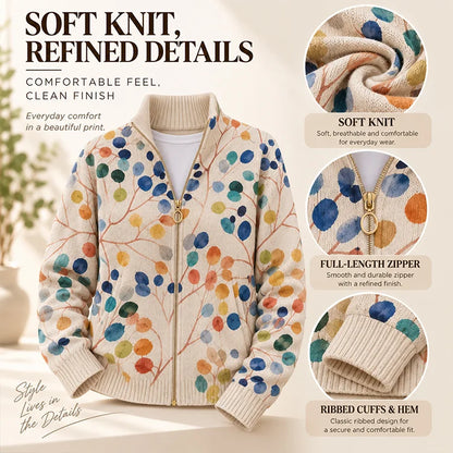 Women's Botanical Floral Zip-Up Cardigan – Soft Knit Stand-Collar Layer
