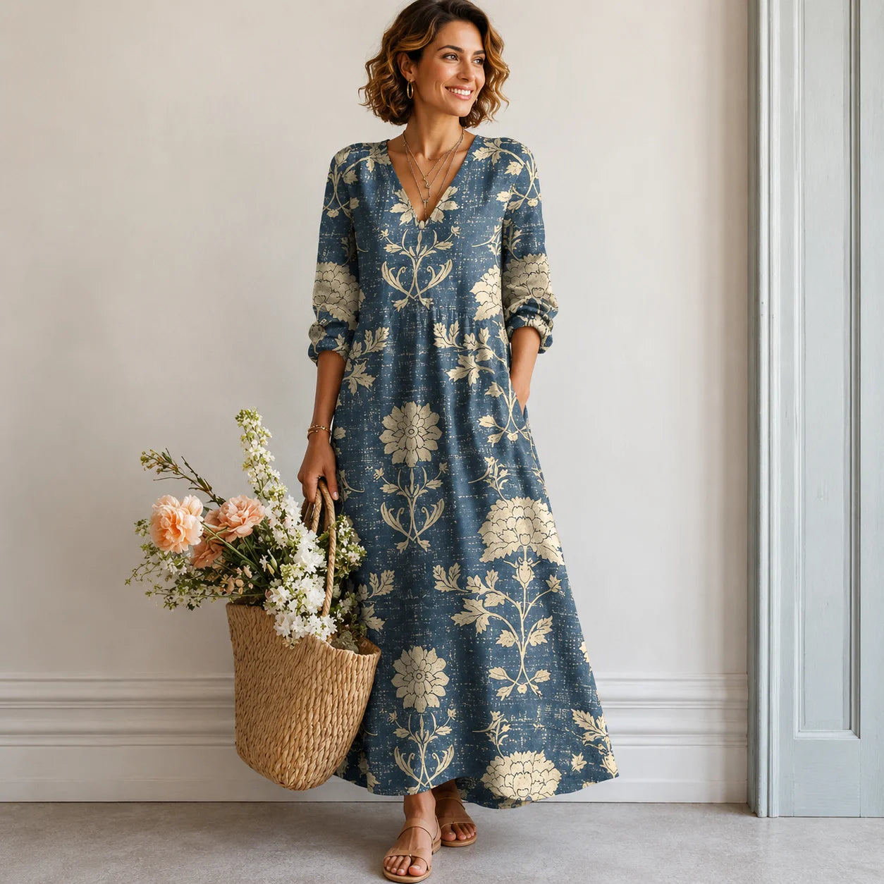 Retro V-Neck Linen-Blend Maxi Dress with Pockets