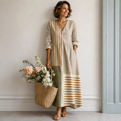 Retro V-Neck Linen-Blend Maxi Dress with Pockets