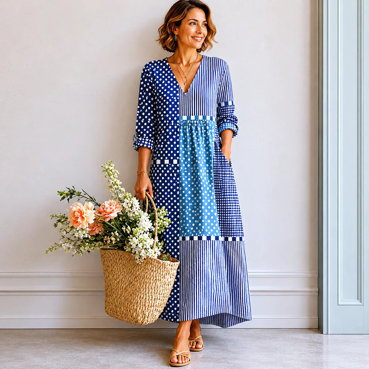 Retro V-Neck Linen-Blend Maxi Dress with Pockets