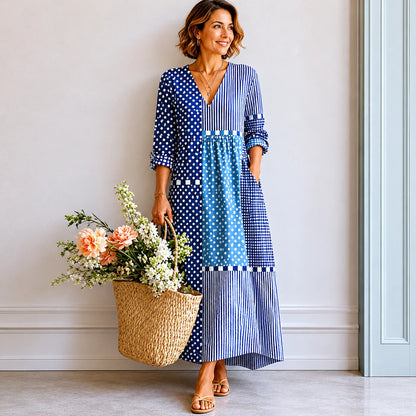 Retro V-Neck Linen-Blend Maxi Dress with Pockets