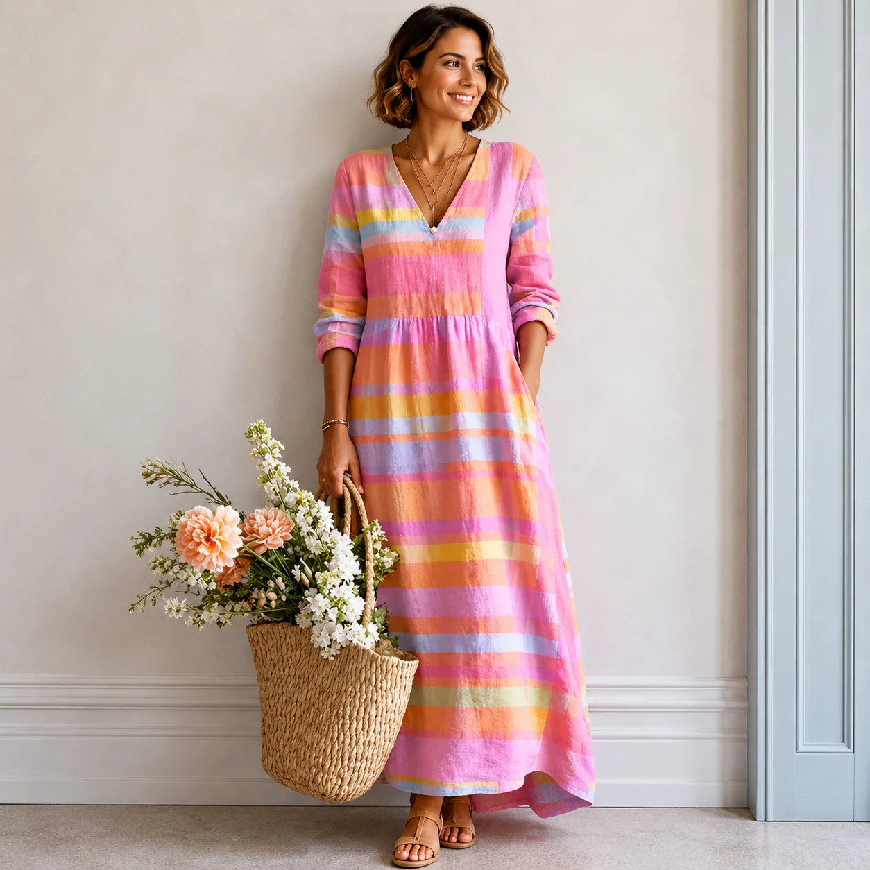 Retro V-Neck Linen-Blend Maxi Dress with Pockets
