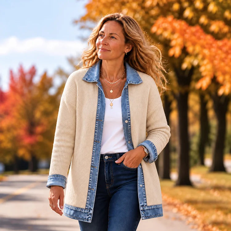 Denim-Trim Knit Cardigan Jacket