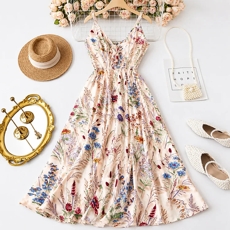 Floral V-Neck A-Line Maxi Dress