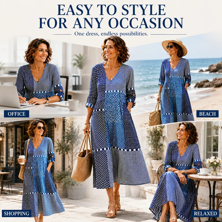 Retro V-Neck Linen-Blend Maxi Dress with Pockets