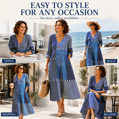 Retro V-Neck Linen-Blend Maxi Dress with Pockets